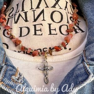 Silver cross pendant beaded carnelian short choker necklace